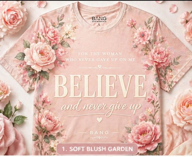 Pink floral t-shirt with motivational quote surrounded by pink roses