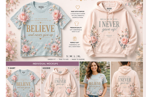 Product display with 'BANG' Mother's Day Collection featuring t-shirts and hoodies with motivational text.
